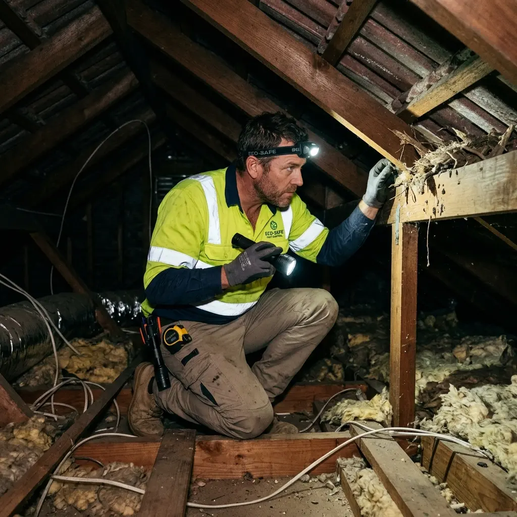 Technician inspecting a roof cavity for a dead animal in St Albans